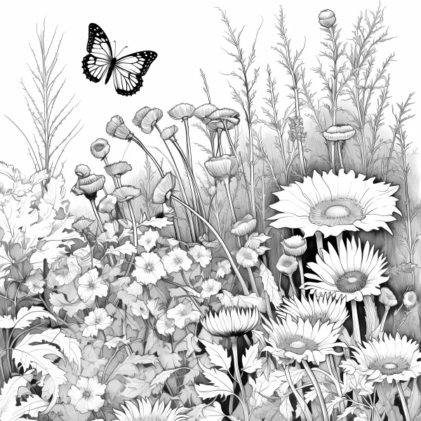 Various wild flowers, herbs and a butterfly — free printable insects coloring book page
