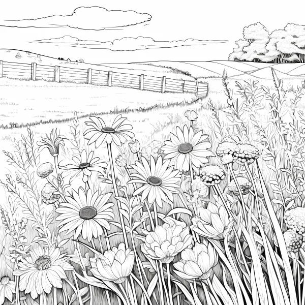 Field of wild flowers including daisies and buds, pastoral countryside scene with wooden fence — free printable spring coloring book page