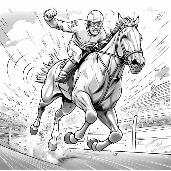 Jockey riding a galloping horse, realistic line art style — free printable occupation coloring book page