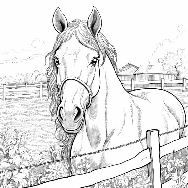 Horse in a farm pasture behind wooden fence, realistic line art style — free printable rural life coloring book page