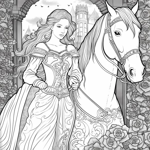 Elegant princess with white horse, fairy tale style — free printable princess coloring book page