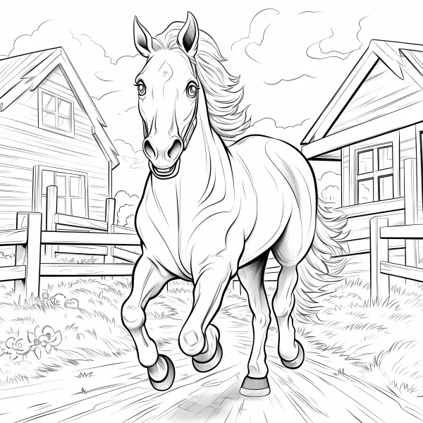 Running horse, cartoon style — free printable farm life coloring book page