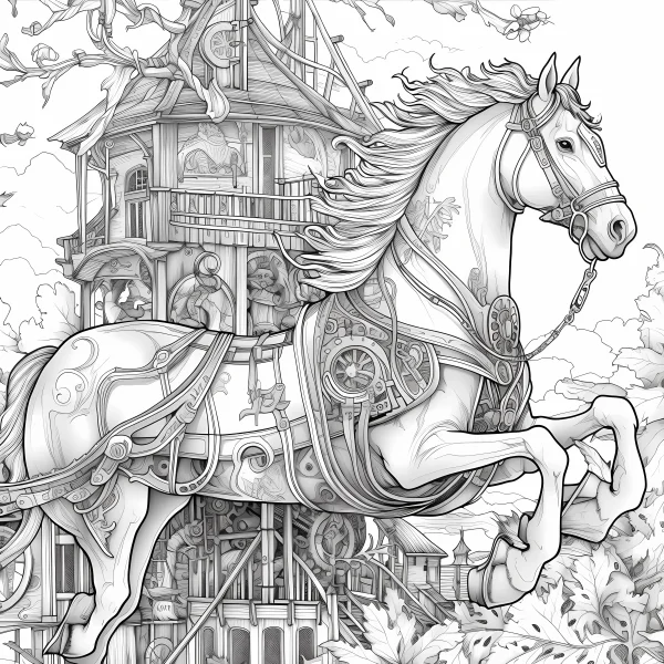 Steampunk mechanical horse with intricate gears and metal harness, steampunk style — free printable steampunk coloring book page