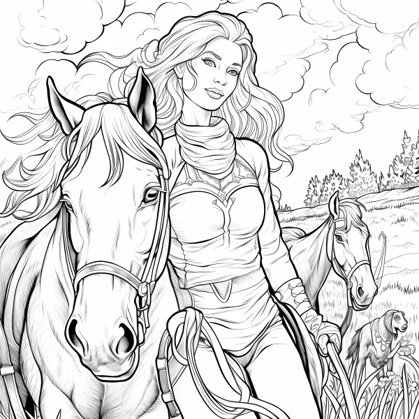 Long-haired woman riding a white horse, realistic line art style — free printable outdoor coloring book page