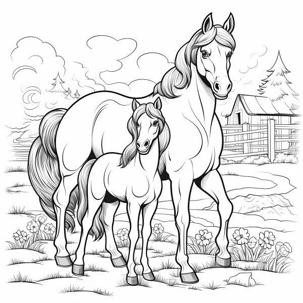 Adult horse and foal, realistic line art — free printable rural life coloring book page