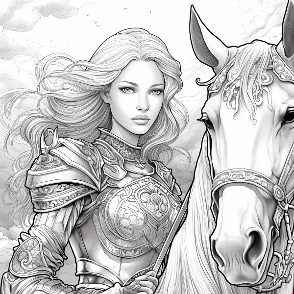 Female knight with white horse, fantasy realistic illustration style — free printable knight coloring book page
