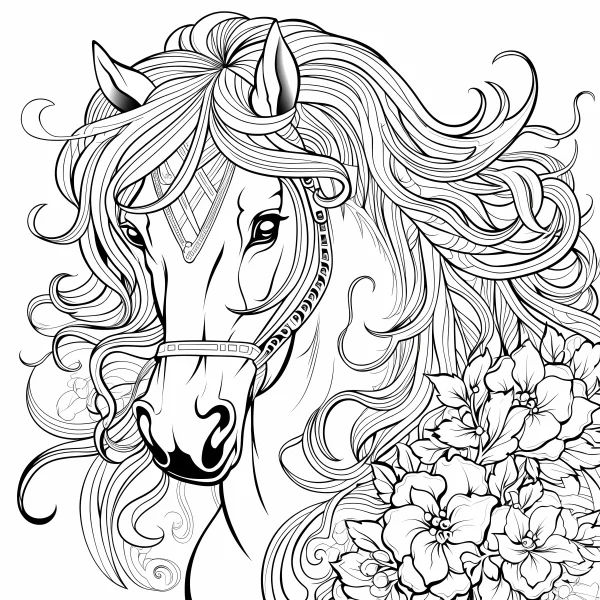 Elegant curly-haired horse with flowers, decorative art style — free printable animal theme coloring book page
