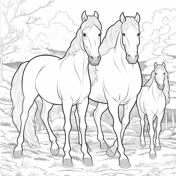 Three horses (two adult horses and one foal) in a natural outdoor scene, realistic illustration style — free printable animal theme coloring book page