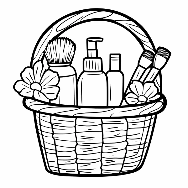 Makeup storage basket with makeup brushes and skincare bottles, decorated with flowers — free printable beauty coloring book page