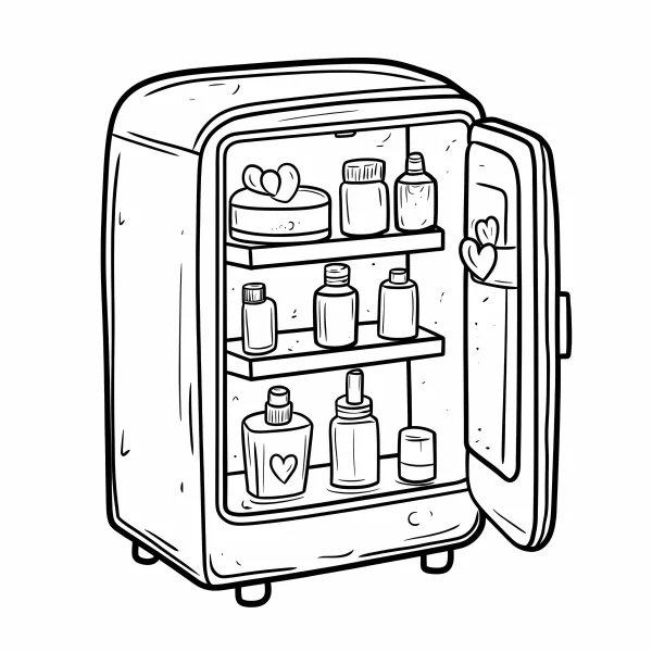 Cute cartoon small fridge with open door, filled with various bottles and containers with heart decorations — free printable home coloring book page
