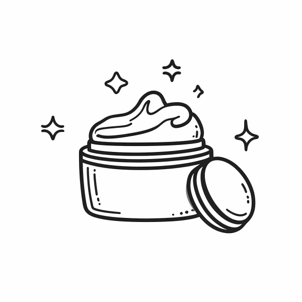 Cartoon cream jar with open lid and cream inside, cute cartoon style — free printable beauty care coloring book page