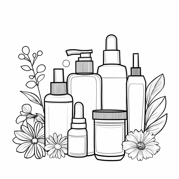 Collection of skincare bottles paired with various flowers and plant branches, minimalist line art style — free printable beauty care coloring book page