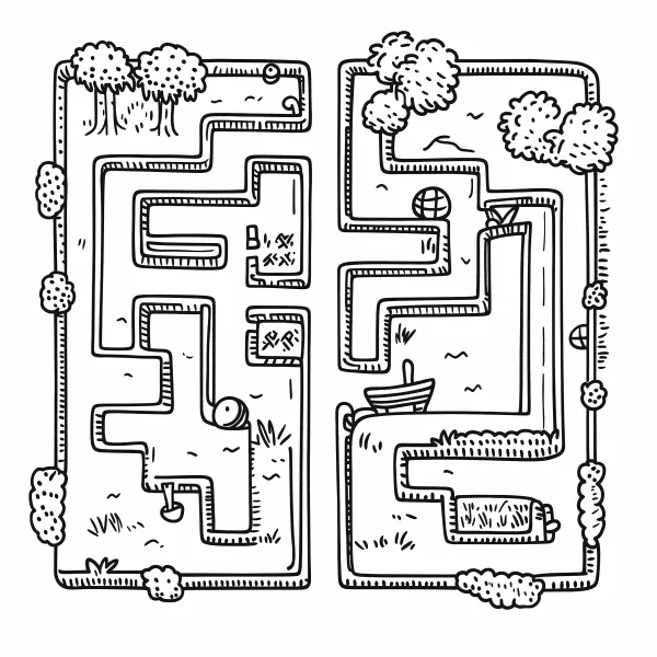 Outdoor maze with trees, grass and a small boat — free printable maze coloring book page