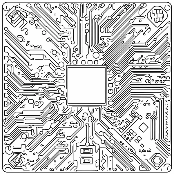 Circuit board with central square chip, modern sci-fi style — free printable technology coloring book page