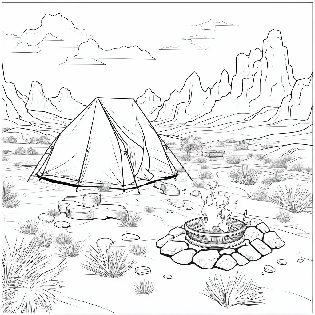 Camping tent with campfire, realistic line art style — realistic style — moderate detail — line art coloring page — for kids and adults of all ages