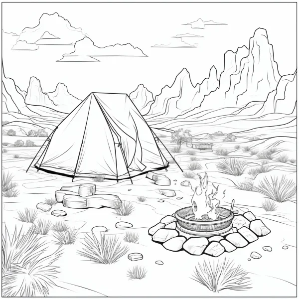 Camping tent with campfire, realistic line art style — free printable camping coloring book page