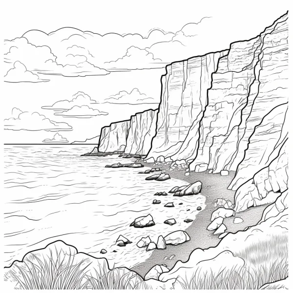 Seaside cliff coastline, realistic line art style — free printable mountains and rivers coloring book page