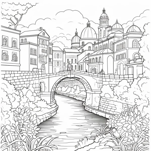Riverside european architecture with stone bridge, european style — free printable european and american coloring book page