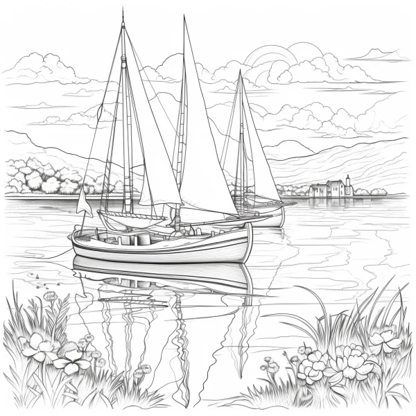 Sailboats on calm lake with reflections, realistic line art style — free printable sailing coloring book page