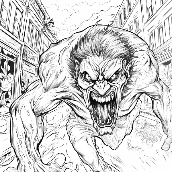 Fierce horror monster roaring aggressively in urban street, horror cartoon style — free printable city coloring book page