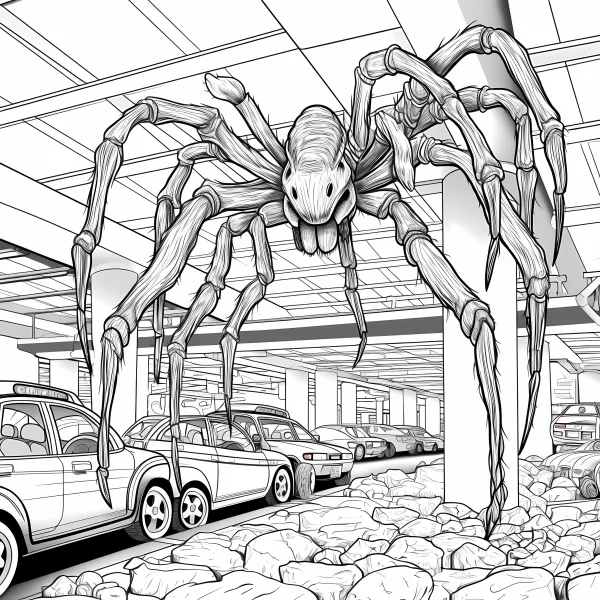 Giant terrifying spider, realistic horror style — free printable city coloring book page