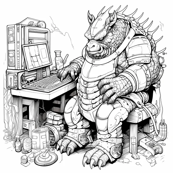 Coloring book page, anthropomorphic lizard in mechanical armor working at a desk with old-style computer and office supplies — free printable work coloring book page