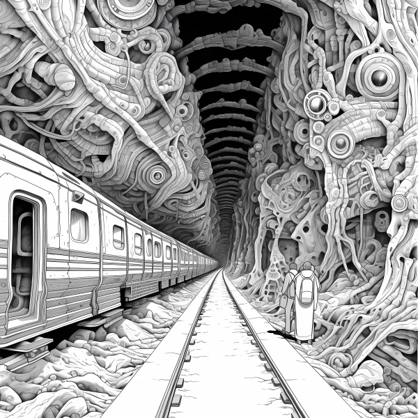 Biomechanical tunnel with passenger train, surreal sci-fi style — free printable surreal coloring book page