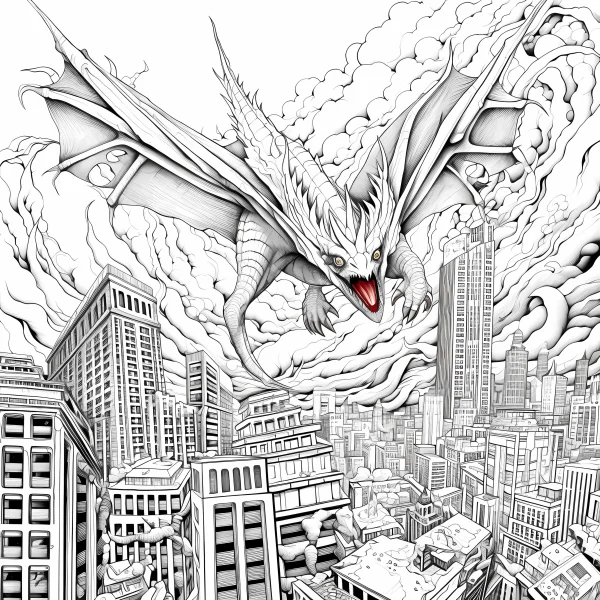 Fantasy giant dragon flying over modern city skyline, realistic sketch style — free printable city coloring book page