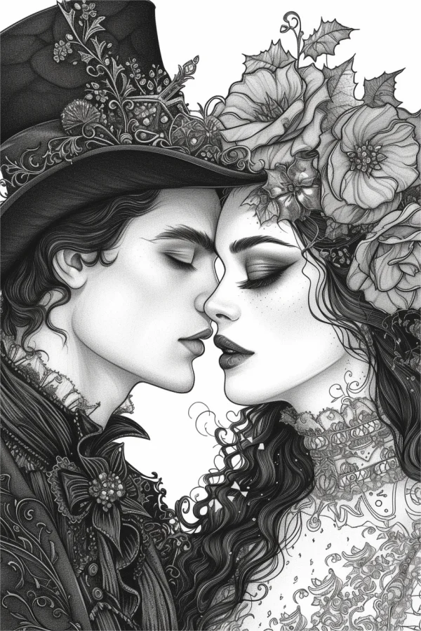 Gothic style couple with closed eyes about to kiss, vintage detailed costumes — free printable gothic coloring book page
