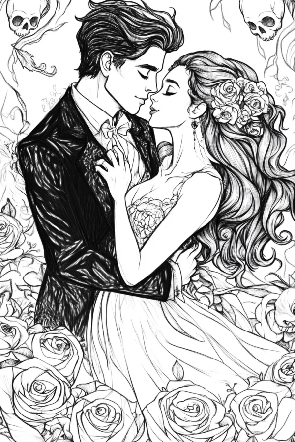 Wedding couple surrounded by roses and skulls, gothic style — free printable wedding coloring book page