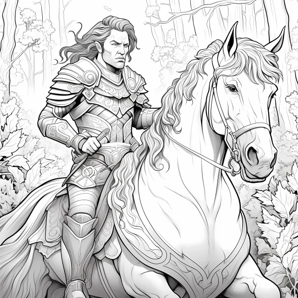 Armored knight riding a white horse, fantasy style — free printable knight coloring book page