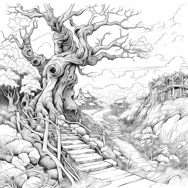 Fantasy ancient tree with rural town, fairytale style — free printable countryside coloring book page