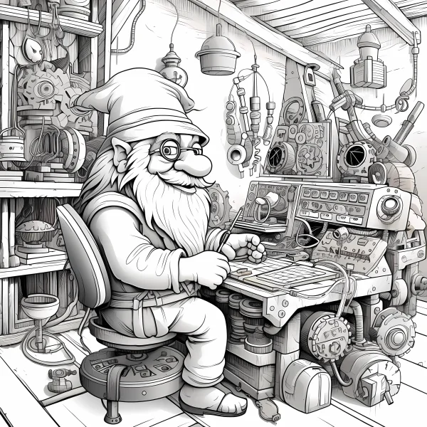 Gnome dwarf working in steampunk workshop, steampunk cartoon style — free printable handmade coloring book page