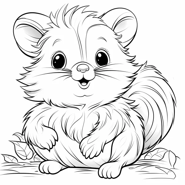 Cute cartoon raccoon, sitting on ground with fallen autumn leaves — free printable autumn coloring book page