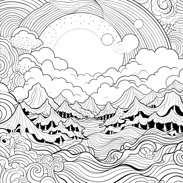Line art style mountain landscape with clouds and abstract waves, zentangle inspired intricate patterns — free printable mountains and rivers coloring book page