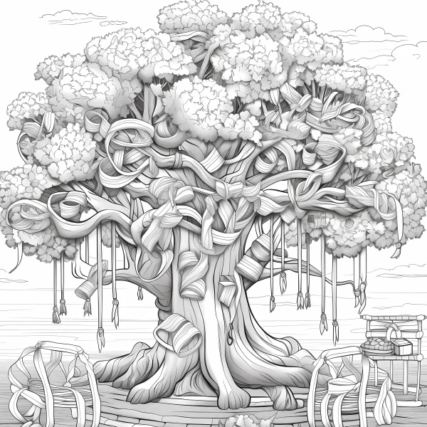 Of a ribbon-wrapped flowering tree, outdoor scene with wooden tables and chairs — free printable outdoor leisure coloring book page
