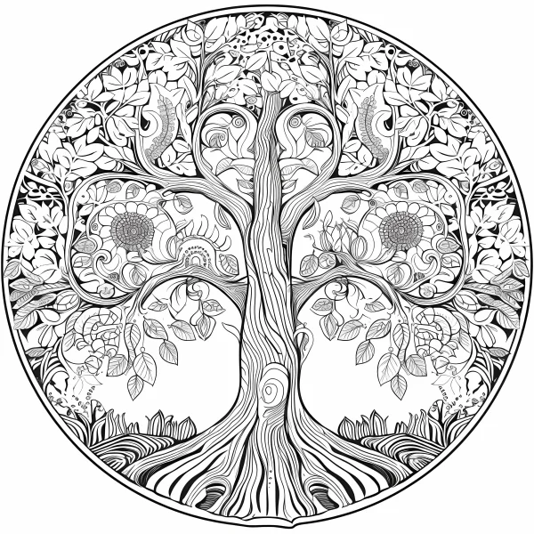 Mandala life tree, mandala and art nouveau style — free printable zen coloring book page