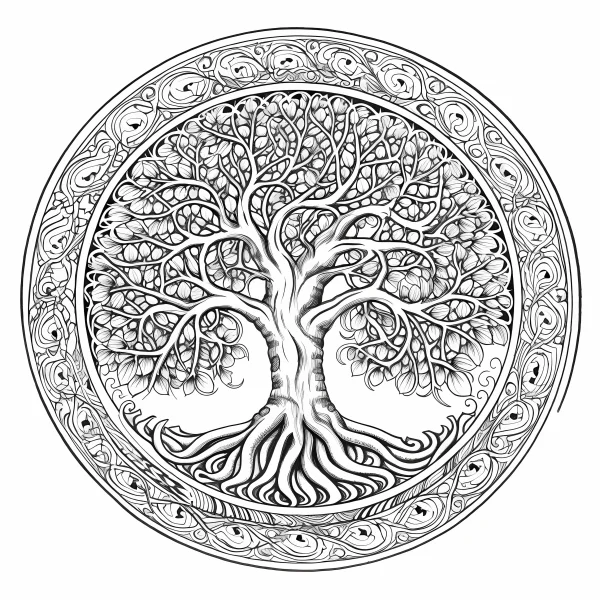 Mandala style tree of life, zentangle intricate symmetrical patterns — free printable balance coloring book page