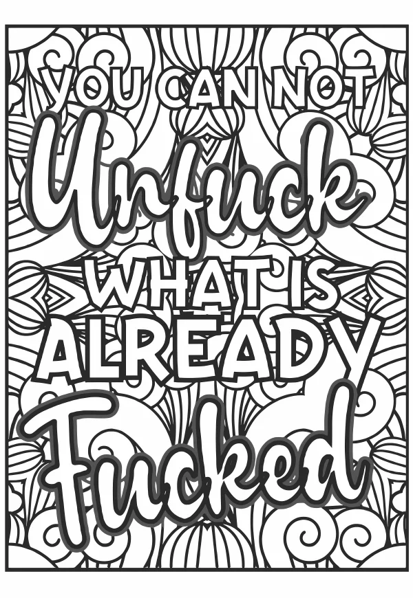 Swear word text with zentangle patterns, repetitive symmetric organic curvilinear patterns — free printable other life themes coloring book page