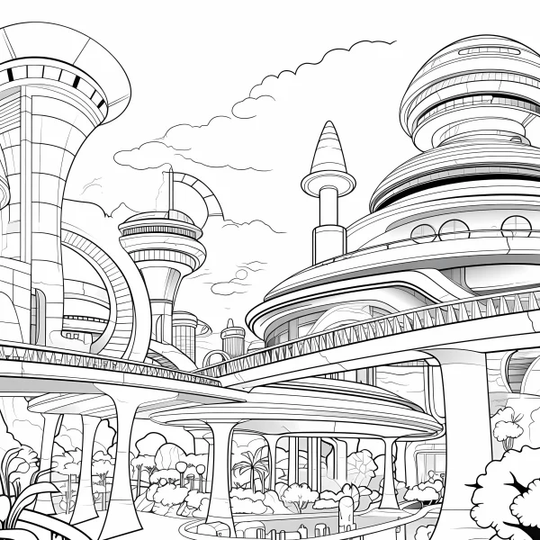 Futuristic sci-fi city architecture, sci-fi style — free printable future city coloring book page