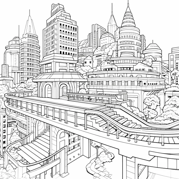Futuristic city complex with overpass, cartoon sci-fi style — free printable future city coloring book page