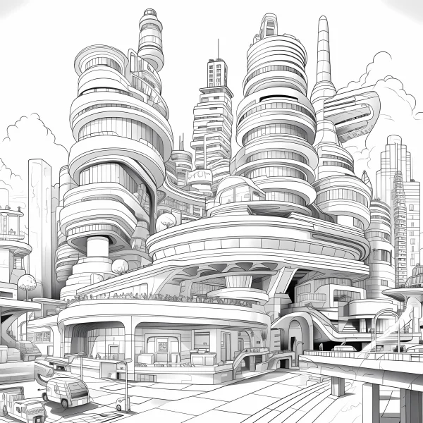 Futuristic sci-fi city architecture, line art style — free printable future city coloring book page