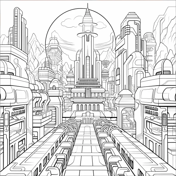Futuristic sci-fi cityscape with skyscrapers and elevated walkways, sci-fi style — free printable future city coloring book page