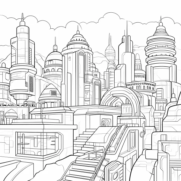 Futuristic sci-fi cityscape, science fiction style — free printable future city coloring book page