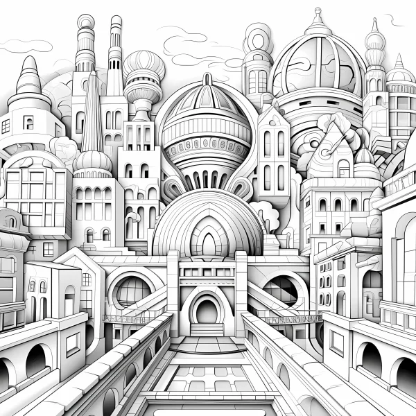 Fantasy steampunk building complex, intricate architectural details with domes — free printable steampunk coloring book page