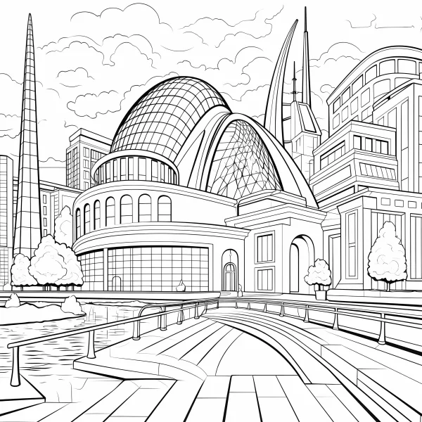 Futuristic city building complex with domed structures, sci-fi modern style — free printable urban architecture coloring book page