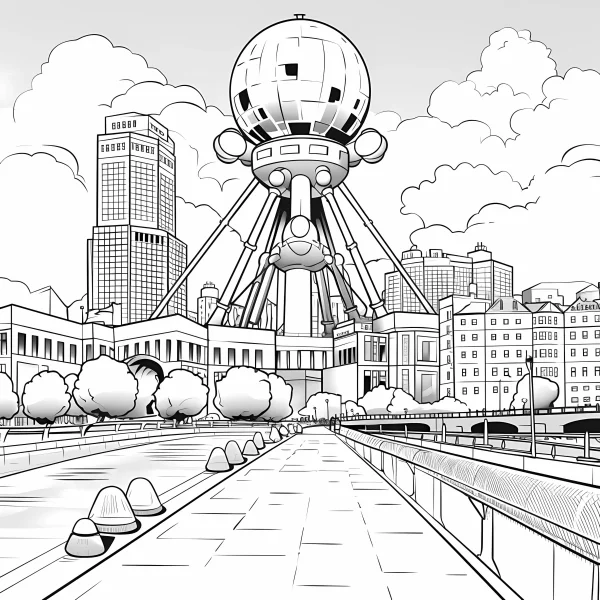 Coloring book page, futuristic spherical landmark in city center — free printable future city coloring book page