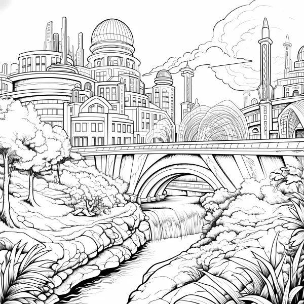 Futuristic valley city, sci-fi style — free printable future city coloring book page
