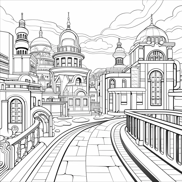 European-style city building complex, line art illustration — free printable cityscape coloring book page