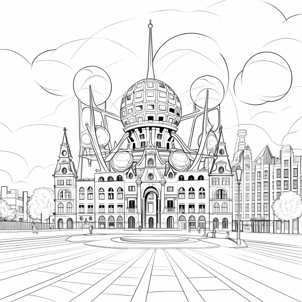 Fantasy style large building with spherical dome and spires, urban square scene with trees and pedestrians — free printable urban architecture coloring book page